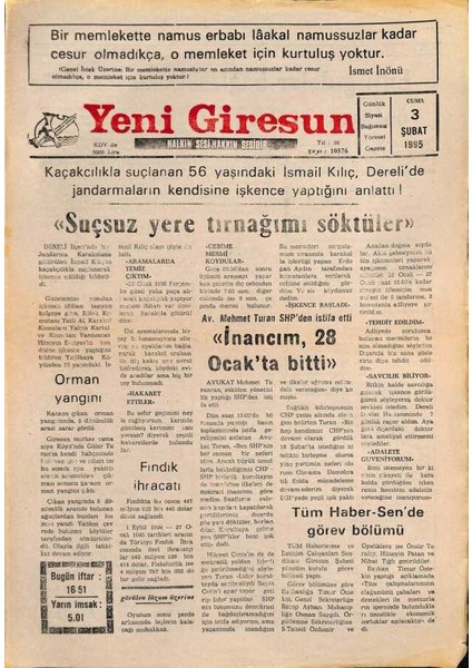 Yeni Giresun Gazetesi 3 Şubat 1995 - Tüm Haber-Sende Görev Bölümü GZ79427