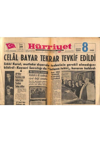 Hürriyet Gazetesi 29 Mart 1963 - Celal Bayar Tekrar Tevkif Edildi GZ81698