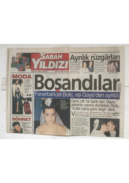 Sabah Yıldızı Gazetesi 14 Nisan 1999 - Fenerbahçeli Boliç , Eşi Gayeden Ayrıldı GZ8471