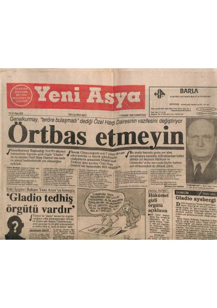 Yeni Asya Gazetesi 17 Kasım 1990 - Italyada Gladio Soruşturması GZ87412