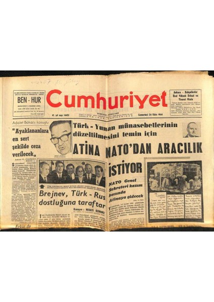 Cumhuriyet Gazetesi 24 Ekim 1964 - Brejnev, Türk - Rus Dostluğuna Taraftar GZ88098