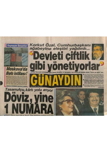 Günaydın Gazetesi 20 Kasım 1990 - Korkut Özal , Cumhurbaşkanı Ağabeyine Eleştiri Yağdırdı... GZ87446