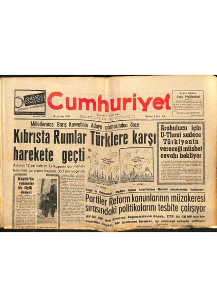 Cumhuriyet Gazetesi 9 Mart 1964 - Kıbrıs`ta Ruslar Türklere Karşı Harekete Geçti GZ88111