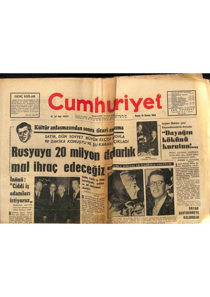 Cumhuriyet Gazetesi 15 Kasım 1964 - Belçika Kralı ve Fabiola Geliyor GZ88105