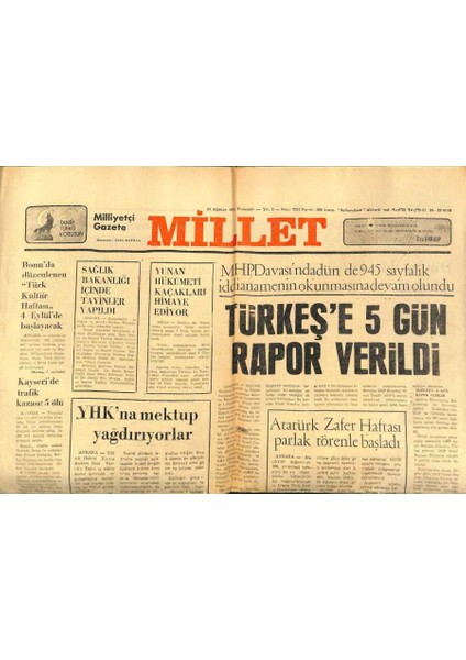 Millet Gazetesi 27 Ağustos 1981 - Türkeşe 5 Gün Rapor Verildi GZ89527