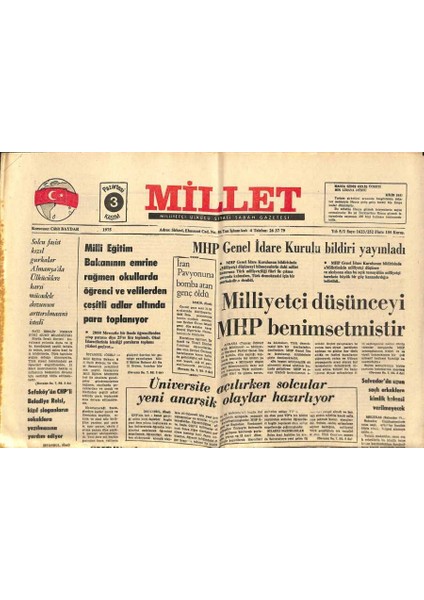 Millet Gazetesi 3 Kasım 1975 - Üniversite Açılırken Solcular Yeni Anarşik Olaylar Hazırlıyor GZ89549