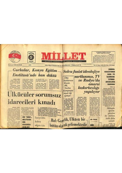 Millet Gazetesi 5 Kasım 1975 - Ülkücüler Sorumsuz Idarecileri Kınadı GZ89538