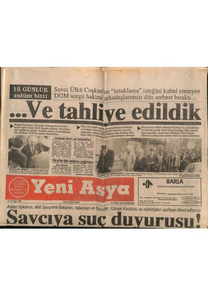 Yeni Asya Gazetesi 14 Kasım 1990 - Savcı Aygen Toprağa Verildi GZ87419