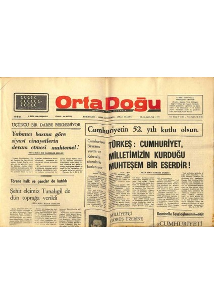 Orta Doğu Gazetesi 29 Ekim 1975 - Şehit Elçimiz Daniş Tunalıgil Toprağa Verildi GZ89393