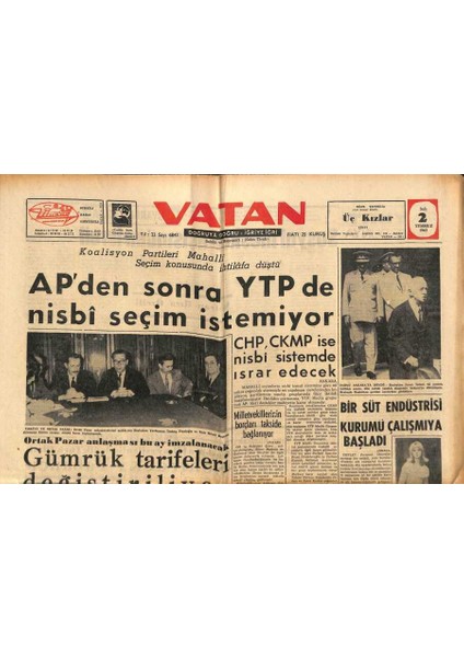 Vatan Gazetesi 2 Temmuz 1963 - Apden Sonra Ytp De Nisbi Seçim Istiyor GZ90499