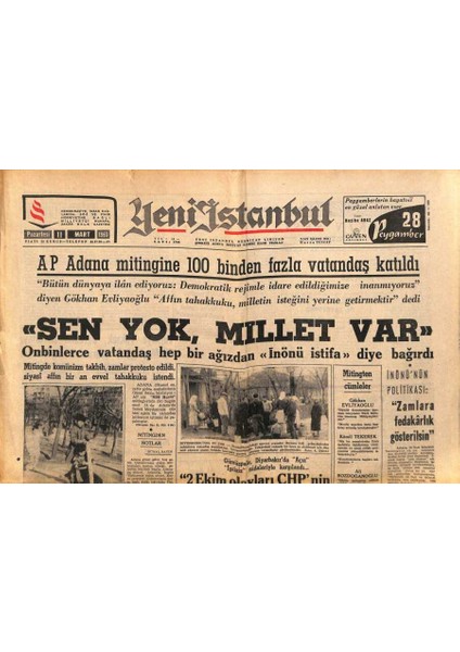 Yeni Istanbul Gazetesi 11 Mart 1963 - 183 Üniversiteli Celal Bayara Telgraf Çekti GZ90777