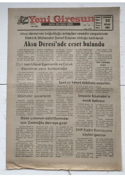 Yeni Giresun Gazetesi 22 Nisan 1993 - Aksu Deresi Nde Ceset Bulundu GZ7431
