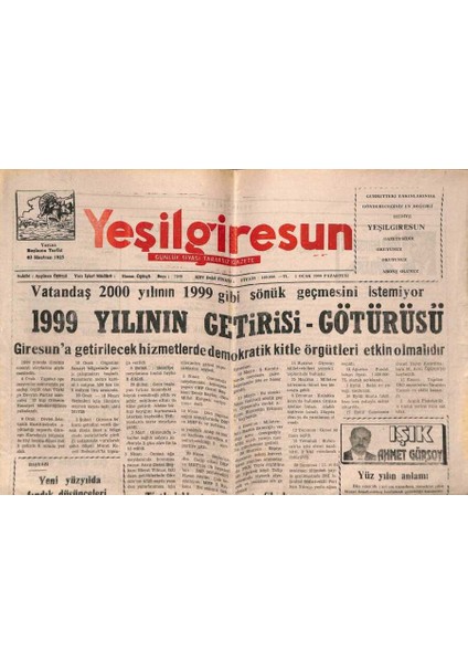 Yeşil Giresun Gazetesi 3 Ocak 2000 - Vatandaş 2000 Yılının 1999 Gibi Sönük Geçmesini Istemiyor GZ77912