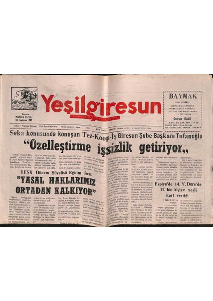 Yeşil Giresun Gazetesi 31 Mart 2000 - Atatürkün Muhafız Alayı Komutanı Osman Ağa Anılıyor GZ77900