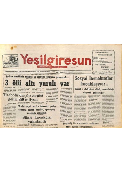 Yeşil Giresun Gazetesi 21 Şubat 1995 - Tireboluda Çöp Vergisi Geliri 880 Milyon GZ77821