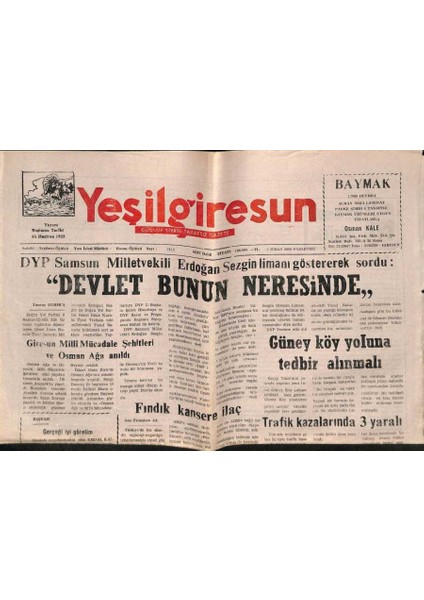 Yeşil Giresun Gazetesi 3 Nisan 2000 - Güney Köy Yoluna Tedbir Alınmalı GZ77902