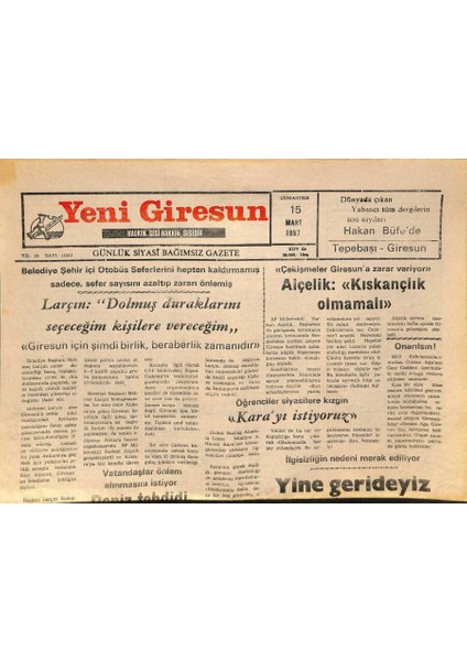 Yeni Giresun Gazetesi 15 Mart 1997 - Egsoz Gazı Ölçümleri Devam Ediyor GZ77942