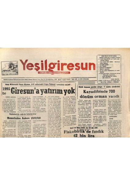 Yeşil Giresun Gazetesi 8 Mart 1995 - Kayadibinde 700 Dönüm Orman Yandı GZ77812