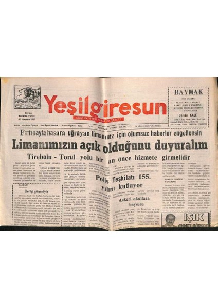 Yeşil Giresun Gazetesi 10 Nisan 2000 - Tirebolu-Torul Yolu Bir An Önce Hizmete Girmelidir GZ77937