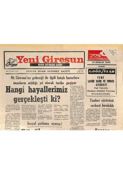 Yeni Giresun Gazetesi 31 Aralık 1998 - Asgari Ücret 57 Milyon Oldu GZ77945