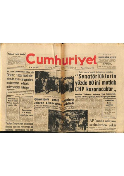 Cumhuriyet Gazetesi 1 Haziran 1964 - Pehlivanoğlu ve Gedik Öğrenciler Tarafından Protesto Edildi, Fenerbahçe Şampiyon Oldu GZ87983