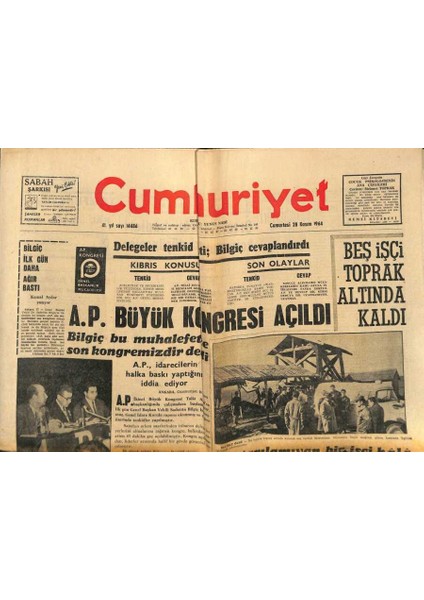Cumhuriyet Gazetesi 28 Kasım 1964 - A.p. Büyük Kongresi Açıldı, Prens Charlesın Ödev Defteri Satması Bomba Etkisi Yarattı, Batan Güneş Filmi GZ88057
