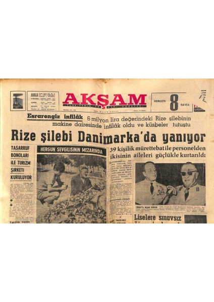 Akşam Gazetesi 11 Eylül 1963 - Rize Şilebi Danimarkada Yanıyor GZ87917