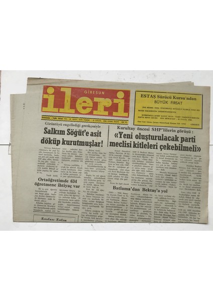 Giresun Ileri Gazetesi 21 Eylül 1990 - Salkım Söğüt E Asit GZ7318