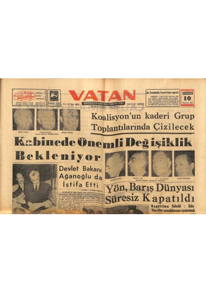 Vatan Gazetesi 10 Haziran 1963 - Yön, Barış Dünyası Süresiz Kapatıldı GZ90433