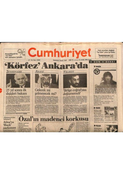 Cumhuriyet Gazetesi 14 Aralık 1990 - Yaser Arafat Gelecek Mi Gelmeyecek Mi? GZ89006