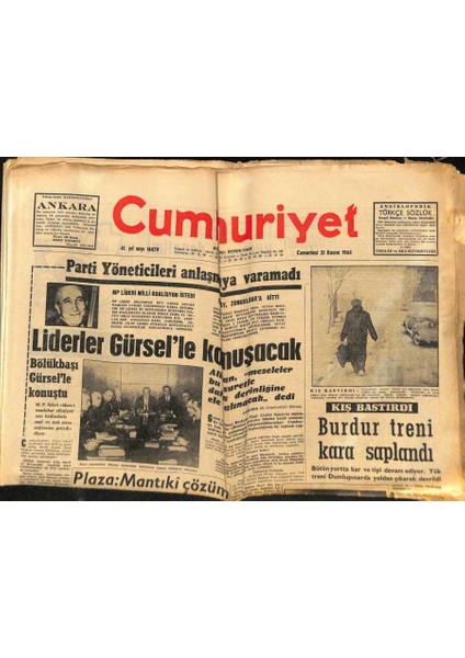 Cumhuriyet Gazetesi 21 Kasım 1964 - Kış Bastırdı, Burdur Treni Kara Saplandı GZ88027