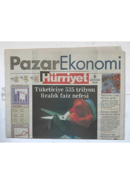 Hürriyet Pazar Ekonomi Gazetesi 6 Ağustos 2000 - Tüketiciye 535 Trilyon Liralık Faiz Nefesi GZ7898
