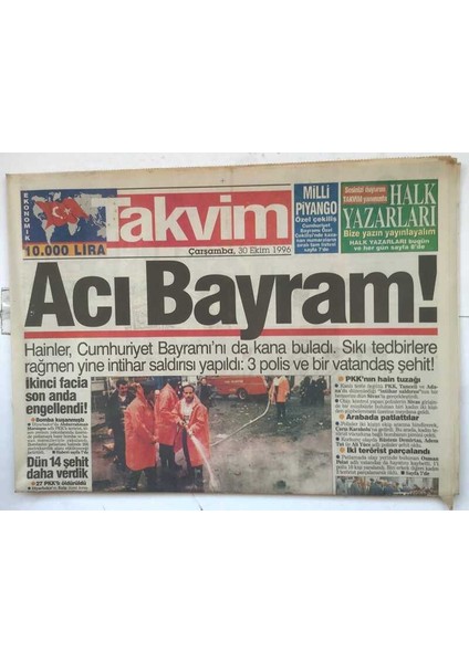 Takvim Gazetesi 30 Ekim 1996 - Barış Manço Taylandda Tutuklandı GZ7850