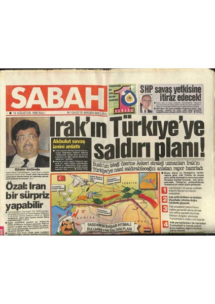 Sabah Gazetesi 14 Ağustos 1990 - Irakın Türkiyeye Saldırı Planı GZ89077
