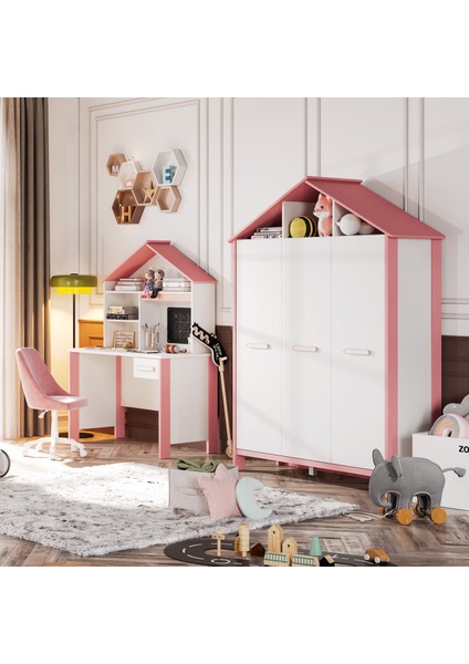 Cozy Pembe Çocuk Odası Üç Kapılı Dolap
