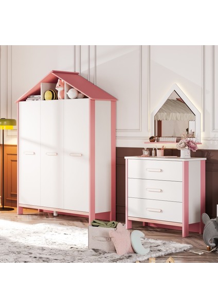 Cozy Pembe Çocuk Odası Üç Kapılı Dolap
