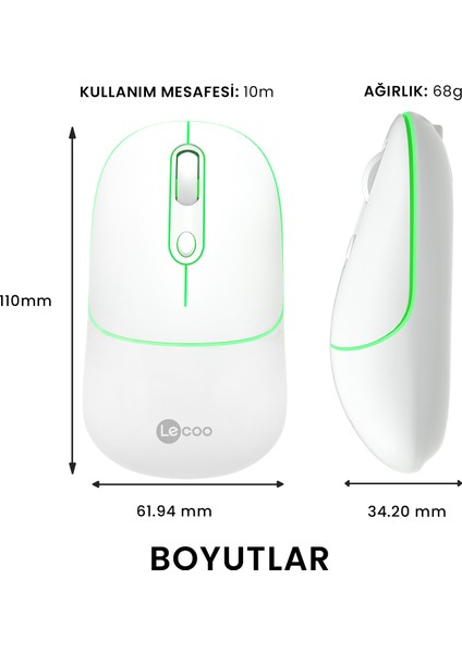 Lenovo Lecoo WS210 Dual Mod RGB 2.4GHz WiFi+ Bluetooth 1600DPI 6 Tuşlu Şarjlı Sessiz Kompakt Kablosuz Optik Mouse Beyaz