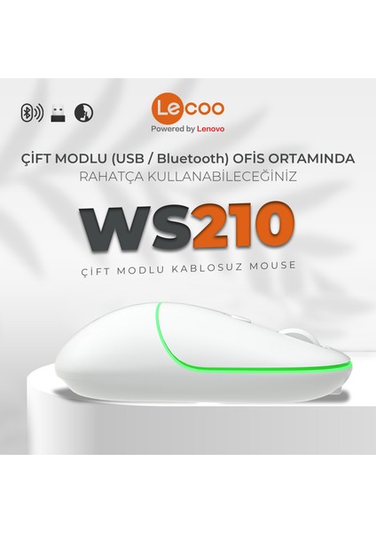 Lenovo Lecoo WS210 Dual Mod RGB 2.4GHz WiFi+ Bluetooth 1600DPI 6 Tuşlu Şarjlı Sessiz Kompakt Kablosuz Optik Mouse Beyaz