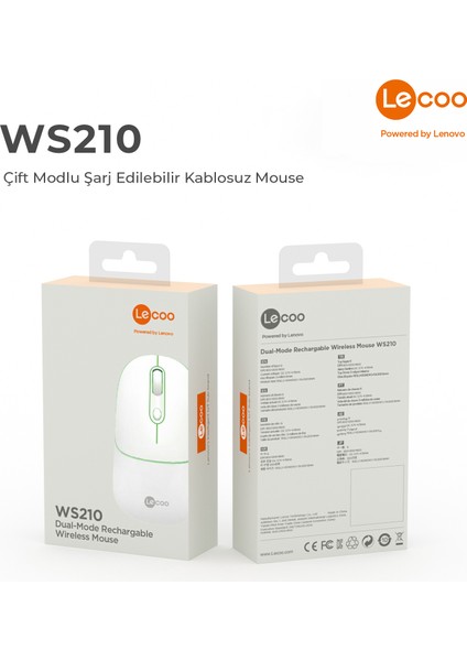 Lenovo Lecoo WS210 Dual Mod RGB 2.4GHz WiFi+ Bluetooth 1600DPI 6 Tuşlu Şarjlı Sessiz Kompakt Kablosuz Optik Mouse Beyaz