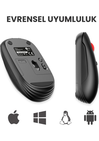 Lenovo Lecoo WS211 Dual Mod 2.4GHz WiFi + Bluetooth 1600DPI 6 Tuşlu Şarjlı Sessiz Kompakt Kablosuz Optik Mouse Siyah