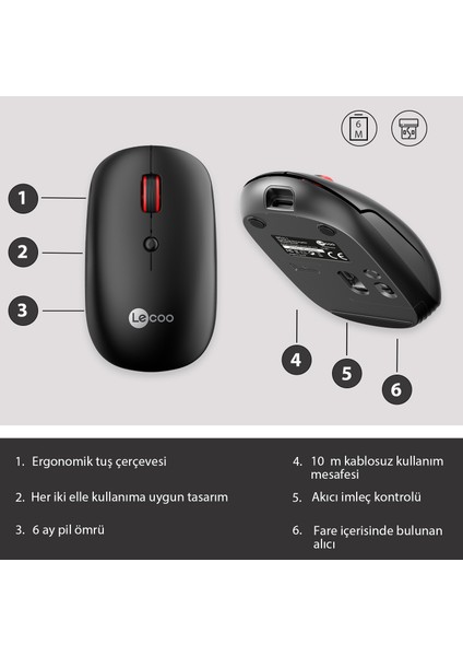 Lenovo Lecoo WS211 Dual Mod 2.4GHz WiFi + Bluetooth 1600DPI 6 Tuşlu Şarjlı Sessiz Kompakt Kablosuz Optik Mouse Siyah