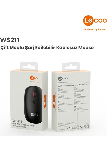 Lenovo Lecoo WS211 Dual Mod 2.4GHz WiFi + Bluetooth 1600DPI 6 Tuşlu Şarjlı Sessiz Kompakt Kablosuz Optik Mouse Siyah