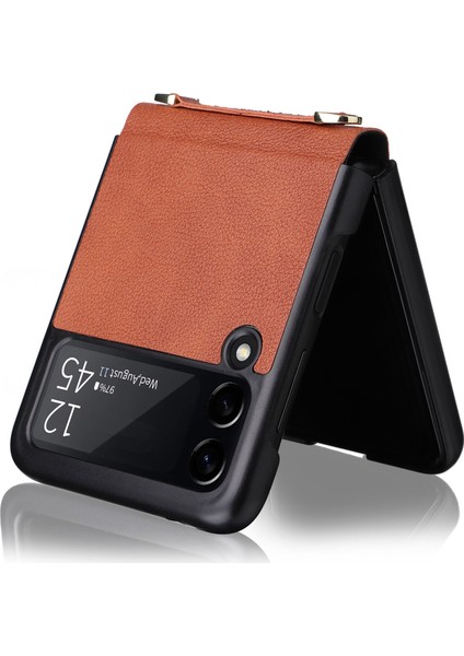 Samsung Galaxy Z Flip3 Için 5g Pu Deri Kaplamalı Pc Katlama Kılıfı Damla Geçirmez Telefon Kapağı Omuz Kayışı Kahverengi (Yurt Dışından)