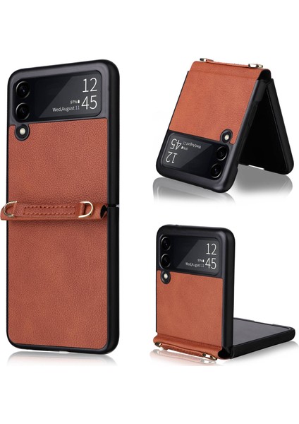 Samsung Galaxy Z Flip3 Için 5g Pu Deri Kaplamalı Pc Katlama Kılıfı Damla Geçirmez Telefon Kapağı Omuz Kayışı Kahverengi (Yurt Dışından)