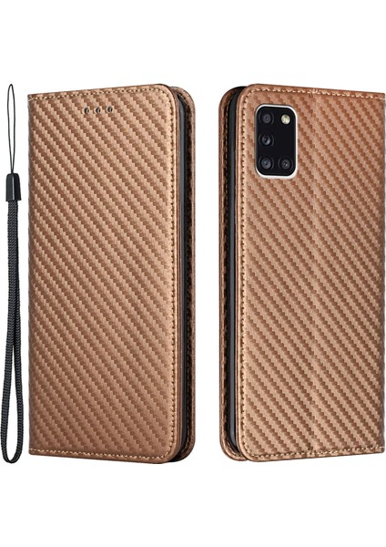 Karbon Fiber Dokusu Otomatik Emici Deri Telefon Standı Samsung Galaxy A31 4g-Brown Için El Kayışı ile Cüzdan Kapağı (Yurt Dışından)