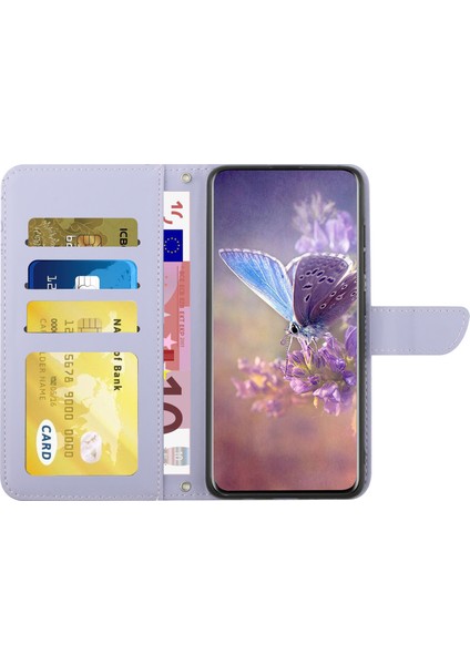 Samsung Galaxy A20S Için Kelebek Çiçek Deseni Baskılı Deri Telefon Kapağı Cilt Touch Hissed Cüzdan Stand Kılıfı Bilek Kayış Işığı Mor (Yurt Dışından)