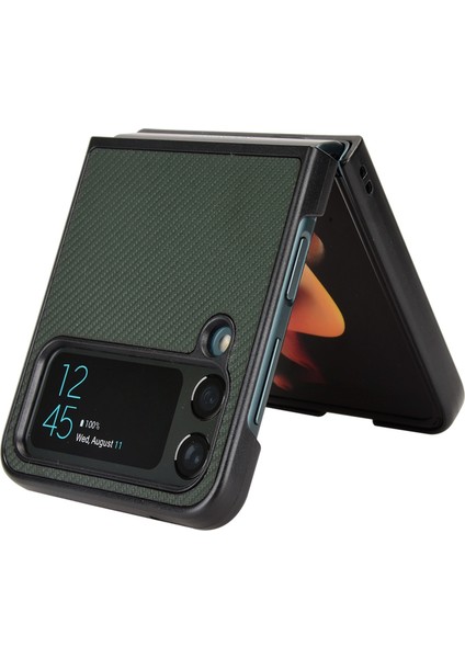Samsung Galaxy Z Flip4 Için 5g Çizgiye Dönüş Anti-Çizelge Telefon Kapağı Karbon Fiber Doku Pu Deri Kaplamalı Pc Cep Telefonu Kılıf Yeşil (Yurt Dışından)