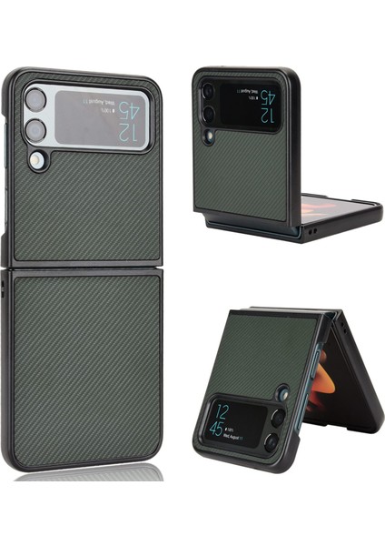Samsung Galaxy Z Flip4 Için 5g Çizgiye Dönüş Anti-Çizelge Telefon Kapağı Karbon Fiber Doku Pu Deri Kaplamalı Pc Cep Telefonu Kılıf Yeşil (Yurt Dışından)