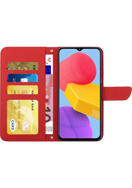 Samsung Galaxy M13 Için 4g Stand Cüzdan Telefon Kılıfı Pu Deri Kelebek Çiçekleri Baskıda Baskı Cilt Touch Koruyucu Kapak Omuz Kayışı Kırmızı (Yurt Dışından)