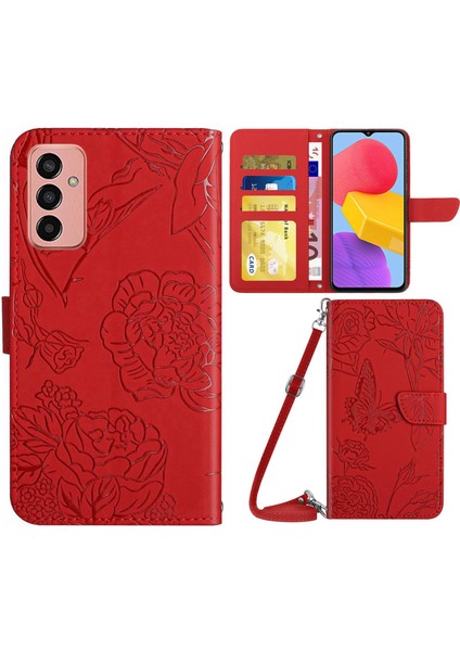 Samsung Galaxy M13 Için 4g Stand Cüzdan Telefon Kılıfı Pu Deri Kelebek Çiçekleri Baskıda Baskı Cilt Touch Koruyucu Kapak Omuz Kayışı Kırmızı (Yurt Dışından)